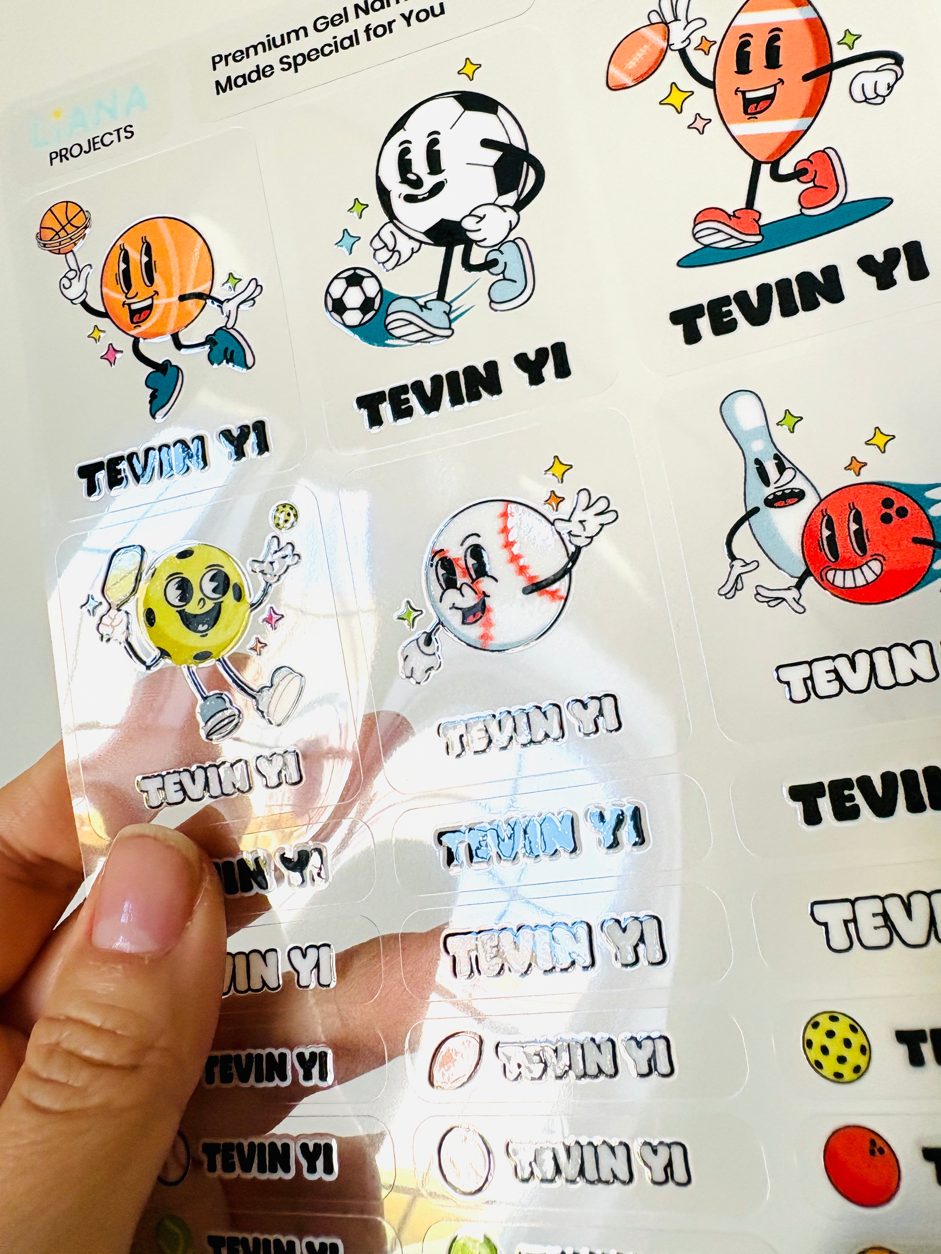 Retro Sports Balls - Premium Gel Name Label Kit (2 Sheets + Tools & Bonus Gifts)