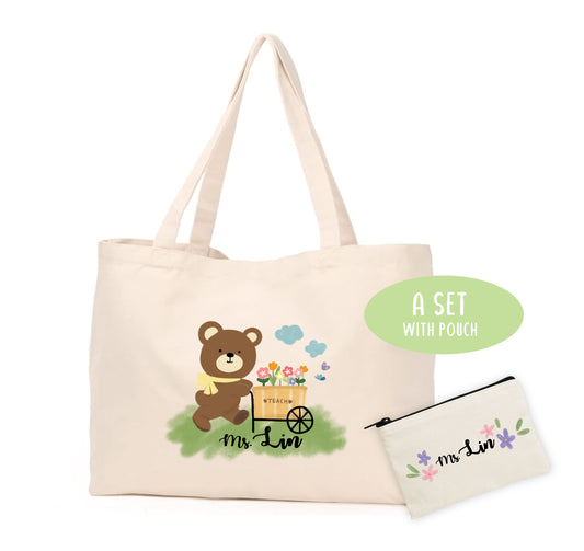 Personalize Tote Bag with pouch -A set | Bear with me | Teacher's bag | Kid's Name bag