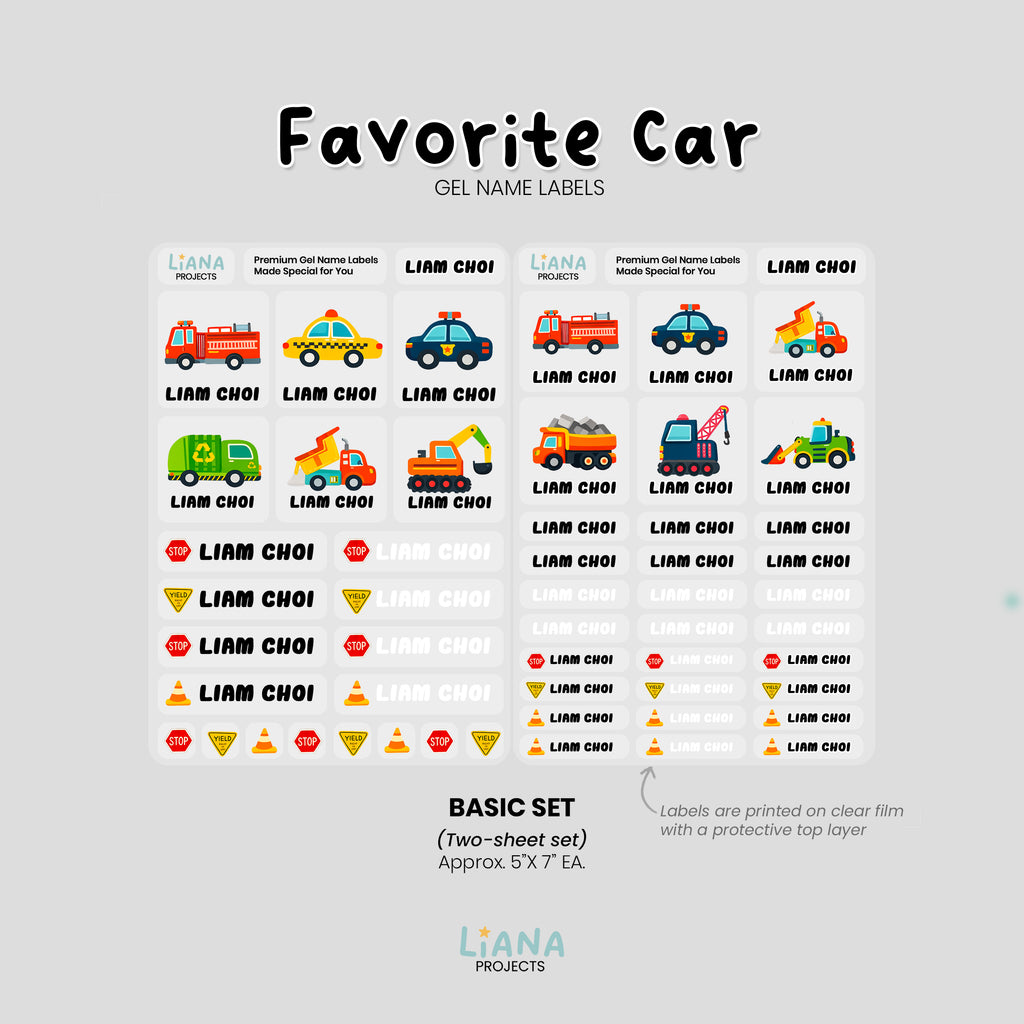 Favorite Car - Premium Gel Name Label Kit (2 Sheets + Tools & Bonus Gifts)