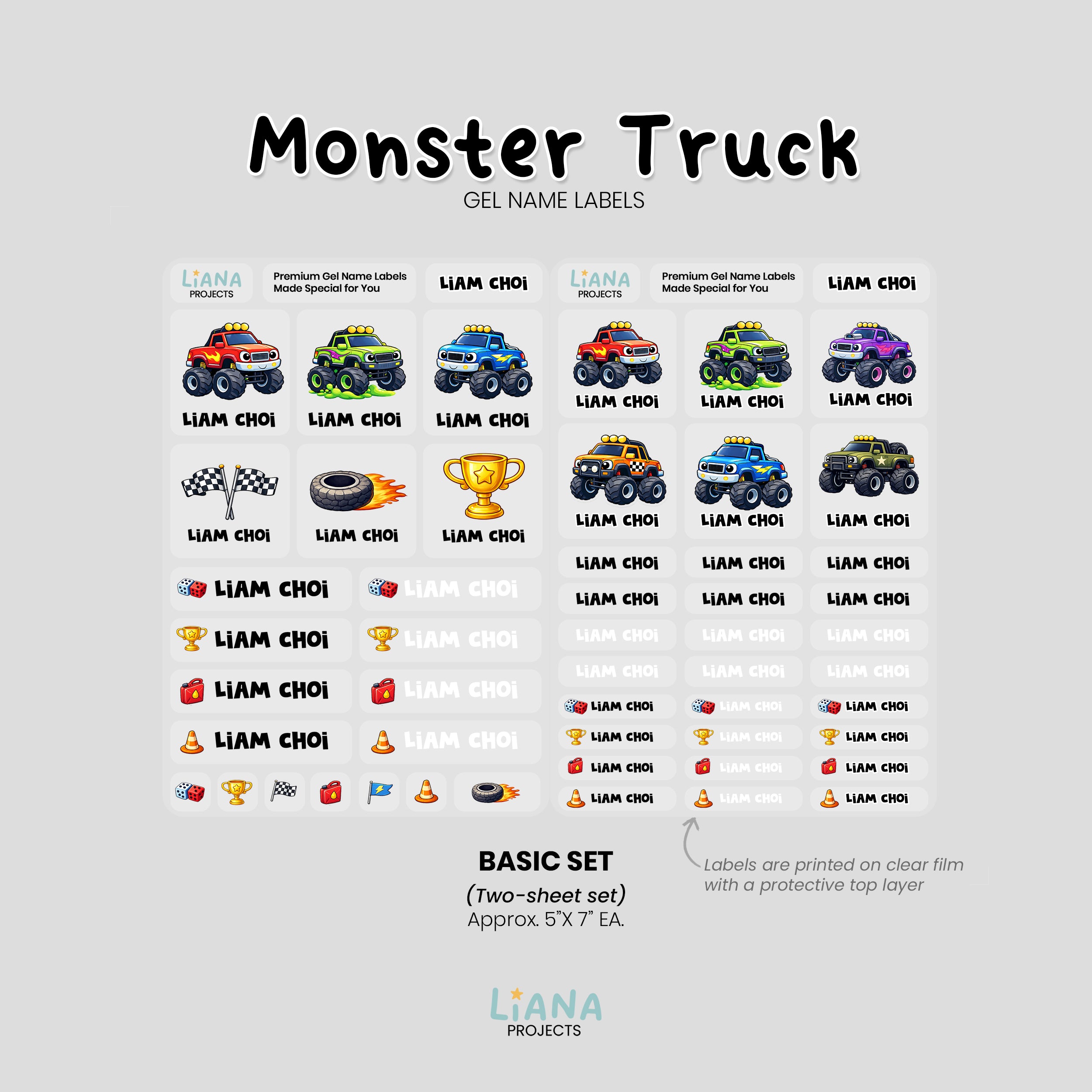Monster Truck - Premium Gel Name Label Kit (2 Sheets + Tools & Bonus Gifts)