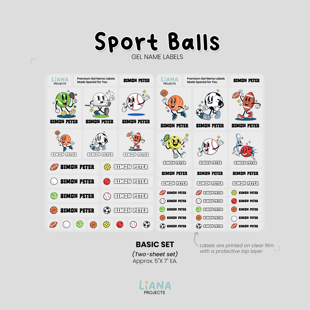 Retro Sports Balls - Premium Gel Name Label Kit (2 Sheets + Tools & Bonus Gifts)