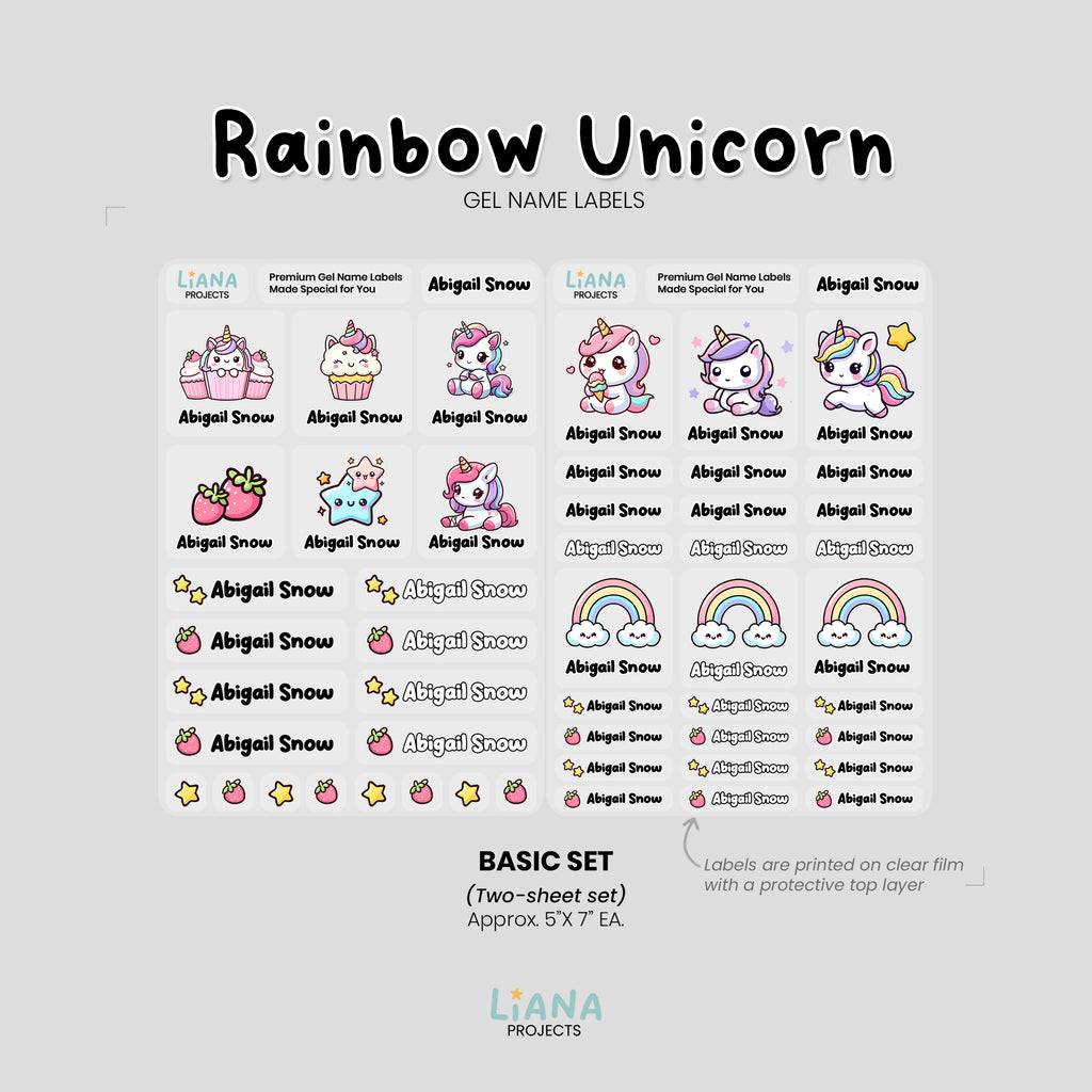 Rainbow Unicorn - Premium Gel Name Label Kit (2 Sheets + Tools & Bonus Gifts)