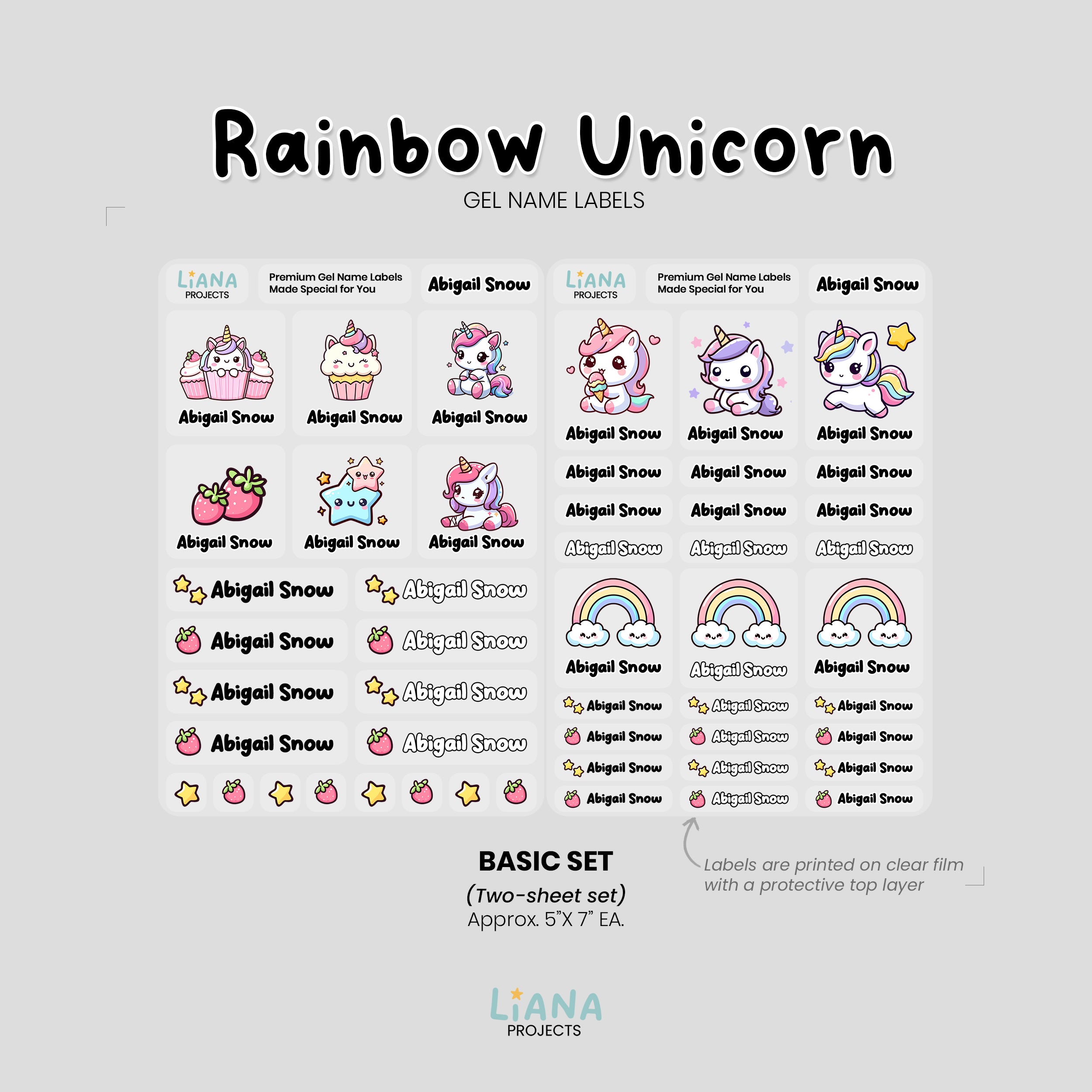 Rainbow Unicorn - Premium Gel Name Label Kit (2 Sheets + Tools & Bonus Gifts)