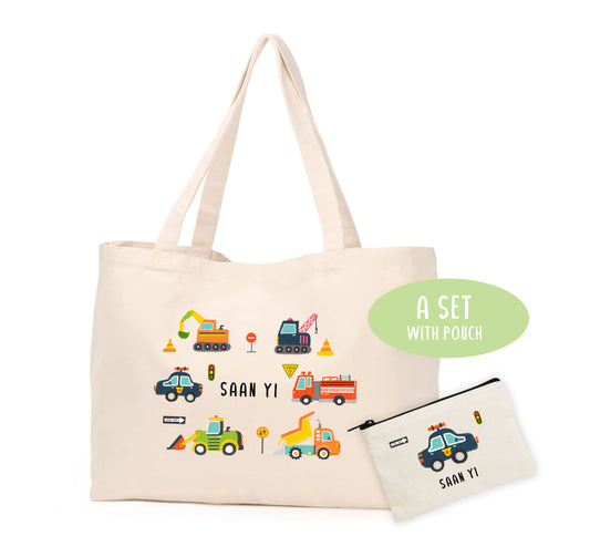 Personalize Tote Bag with pouch -A set  | Cars  | Kid's Name bag