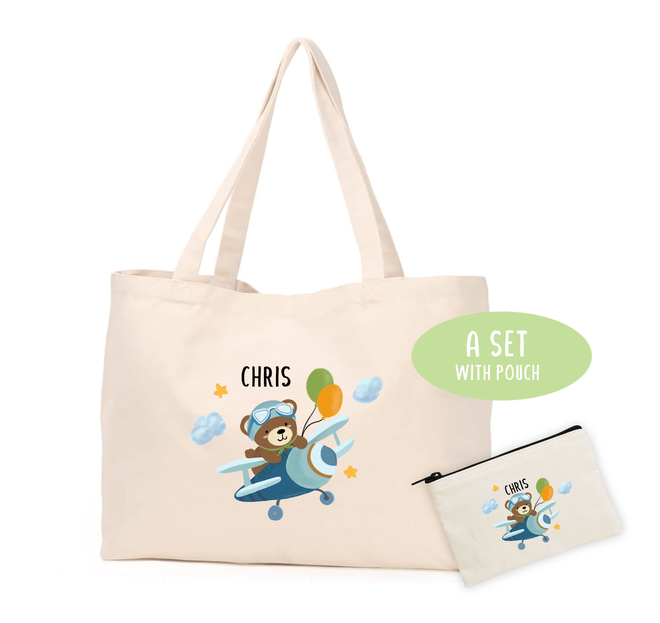 Personalize Tote Bag with pouch -A set  | Flying Bear | Kid's Name bag