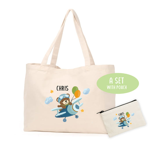 Personalize Tote Bag with pouch -A set  | Flying Bear  | Kid's Name bag