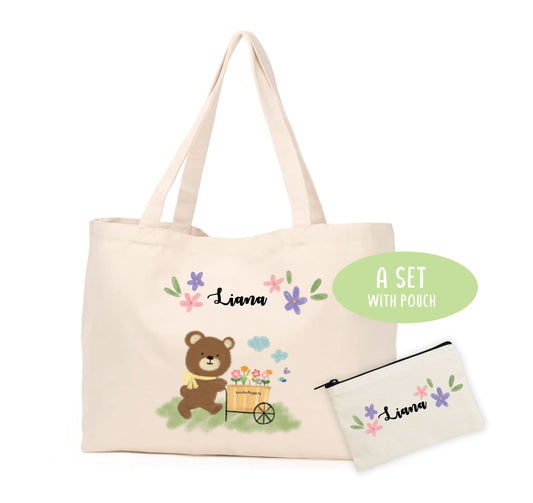 Personalize Tote Bag with pouch -A set  | Bear with Spring!  | Kid's Name bag