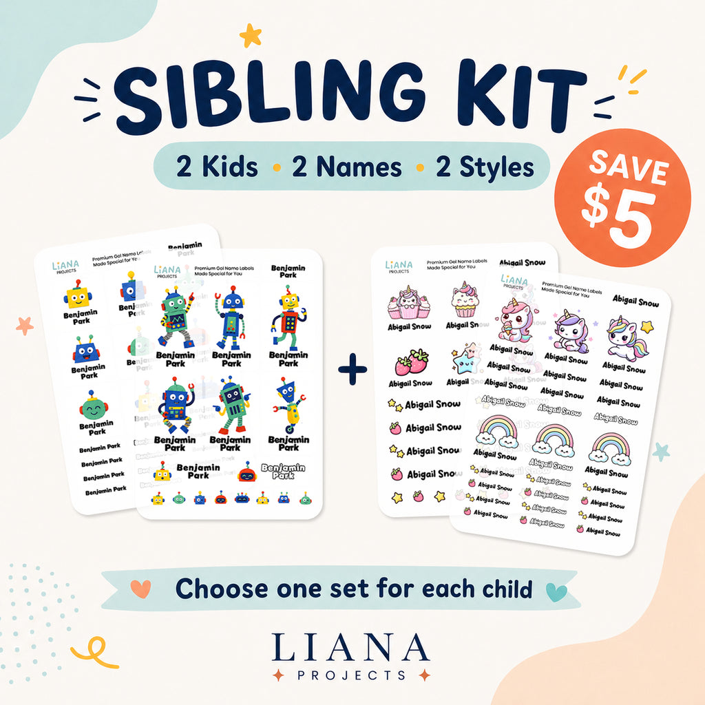Sibling Gel Name Label Set | 2 Sets for 2 Names | Waterproof Daycare & School Labels