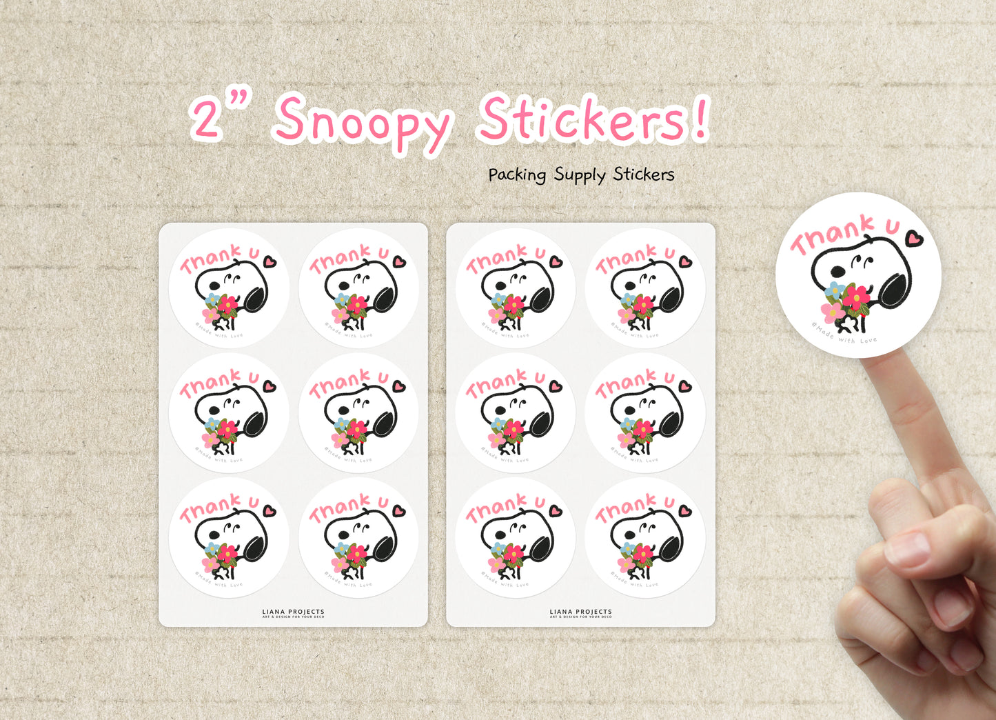 Snoopy Thank U Sticker - 2" or 1.5" (inch)