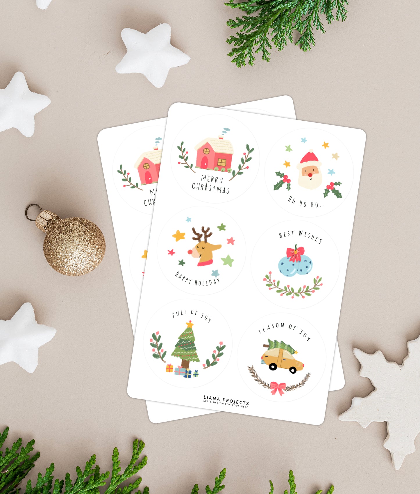 6 Christmas Stickers -2" Circle